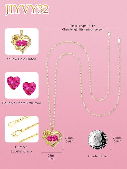 Sunflower Heart Necklace for Women 14K Gold Exquisite Anniversary Birthday Gifts for Wife Mother Her Double Birthstone Pendant jewelry‘You Are My Sunshine’