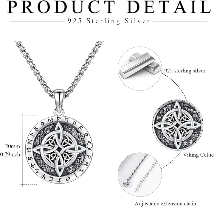 YueYuan Viking Necklace for Men 925 Sterling Silver Rune Amulet Pendant Nordic Necklace Viking Jewelry Gift for Father Husband Son