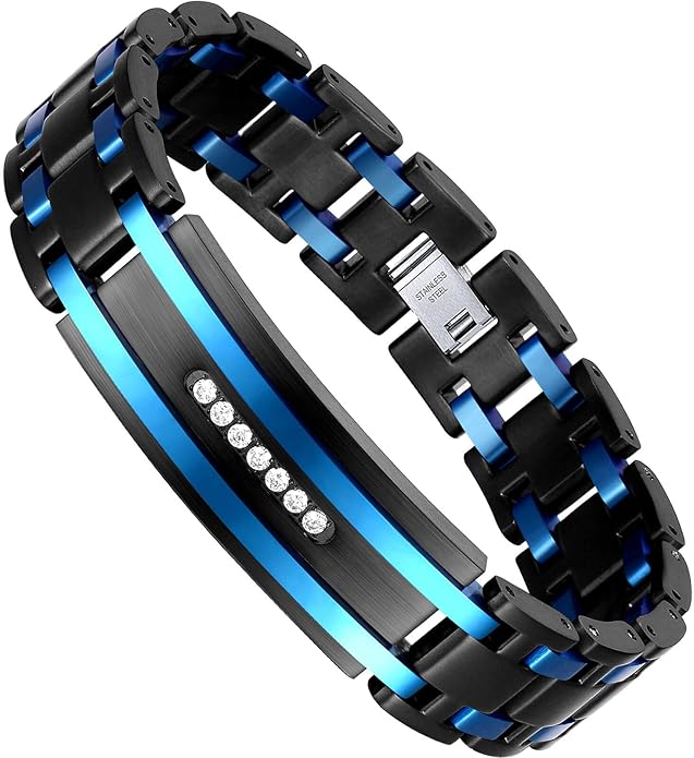 Holizaly Men's Curved Brand Bracelet, Black and Blue Ion Plated Black Gifts Men Women Birthday Valentine's Day Jewelry Gifts Husband Boyfriend Son