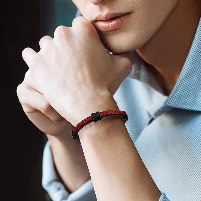 Leather Bracelet for Men with Adjustable Stainless Steel Magnetic Clasp Multi-Layer Braided Mens Leather Bracelet