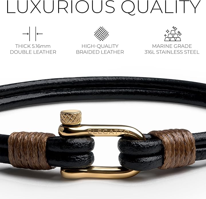 Elegatto Helix Premium Vintage Leather Bracelet for Men | Double Black Leather Strands with Sterling Silver Polished Mini Shackle Closure | Men’s Designer Jewelry