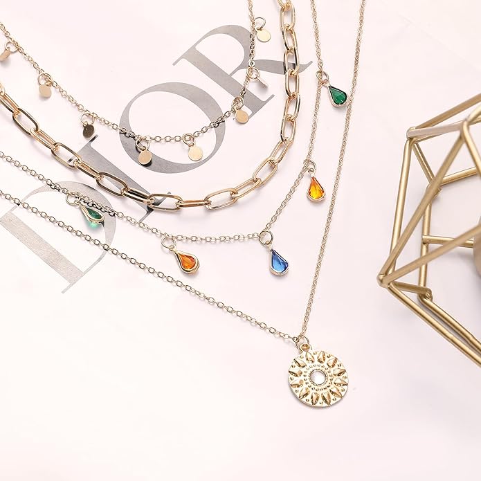 Layered Round Pendant Necklace Gold Plated Dainty Multilayer Choker Layering for Women Necklaces Stylish Minimalist Pendants Simple Chain Stacked Necklace Jewelry Gifts