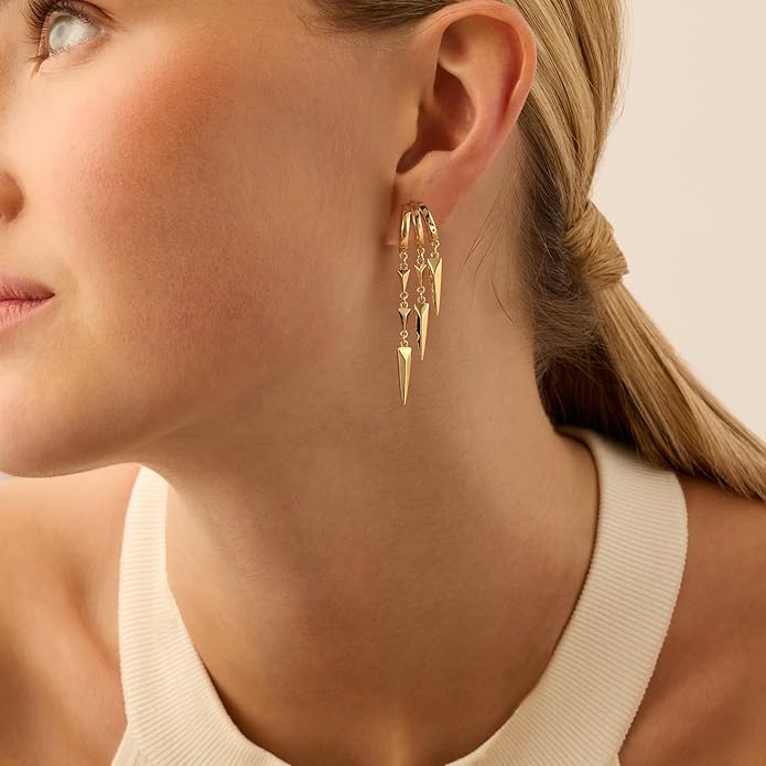 Dangle Earrings for Women,14k Gold Plated Triple Huggie Stud Earrings Dainty Drop Earrings for Women Trendy Gold Statement CZ Long Chain Earrings Non Tarnish Jewelry