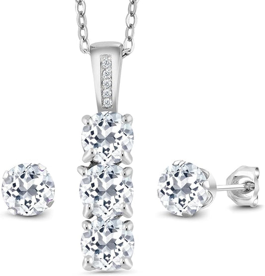 Gem Stone King 925 Sterling Silver 5MM Gemstone Birthstone and White Diamond 3-Stone Pendant and Earrings Jewelry Set For Women | With 18 Inch Chain