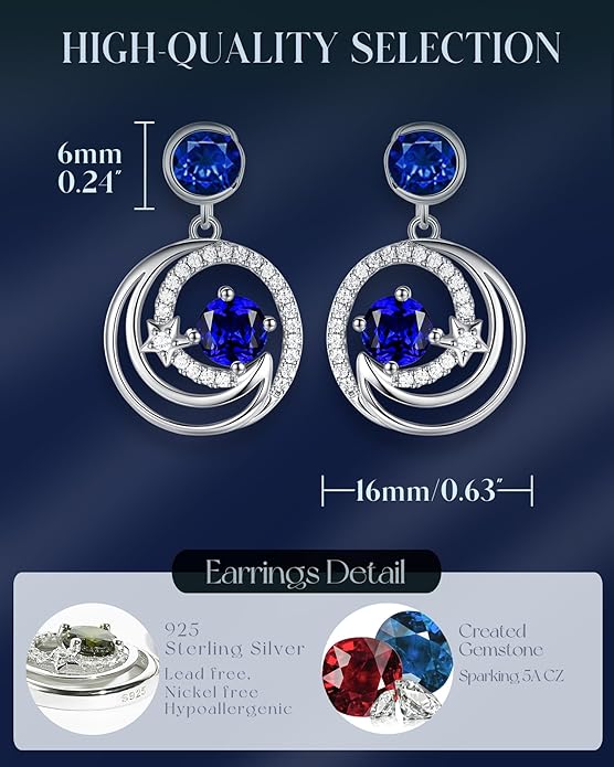 FANCIME Dangle Drop Earrings 925 Sterling Silver Moon Star Round Gemstone Birthstone Jewelry Birthday Christmas Gifts for Her Women