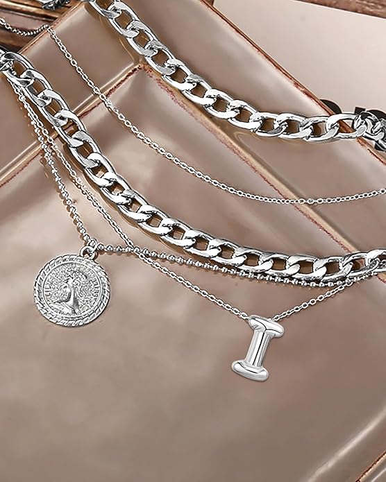 MJartoria Layered Necklaces for Women Trendy Balloon Initial Coin Pendant Necklace Dainty Chunky Chain Choker Necklaces Jewelry Birthday Gifts