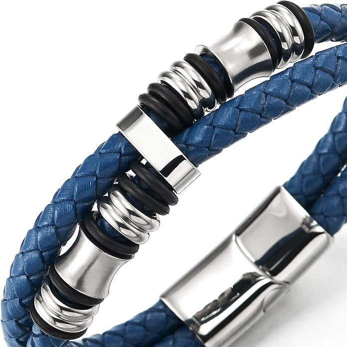 COOLSTEELANDBEYOND Mens Double-Row Braided Leather Bracelet Bangle Wristband with Stainless Steel Ornaments