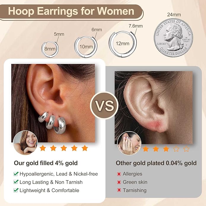 Small Chunky 14K Gold Plated Hoop Earrings for Women - Hypoallergenic Earrings for Sensitive Ears Earrings Set Thick Huggie Hoops Earring Stacks Silver Plated Jewelry