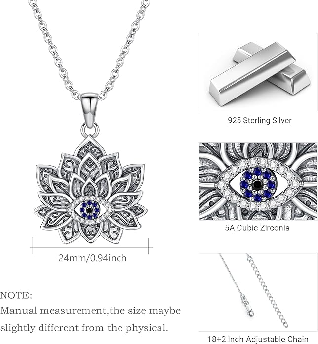 Evil Eye Necklace 925 Sterling Silver Lotus Flower Necklace Spiritual Necklace Jewelry for Women
