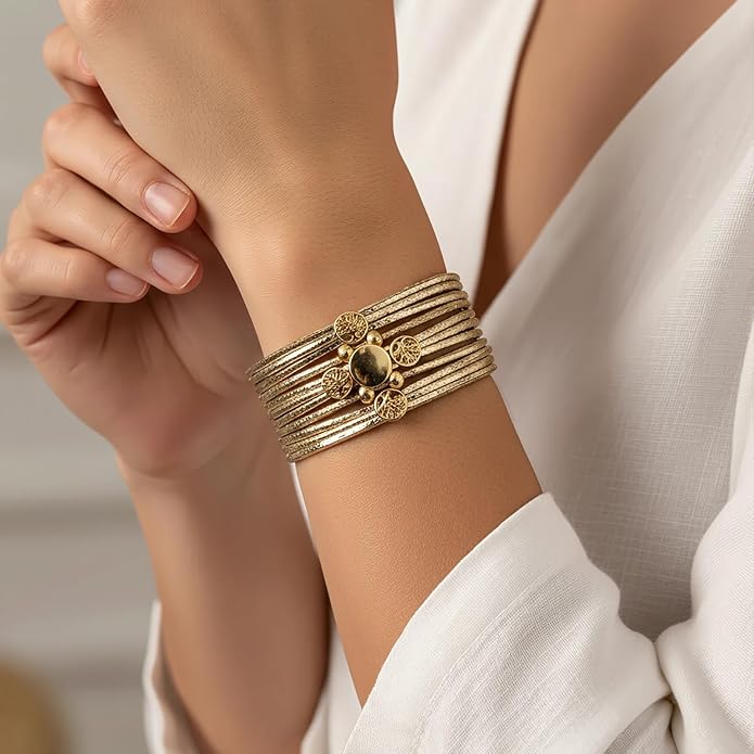 Edoneery Leather Wrap Bracelet for Women, Boho Handmade Multi-Layer Cuff with Crystal Beads Heart, Stackable Bangle Western Jewelry Gift
