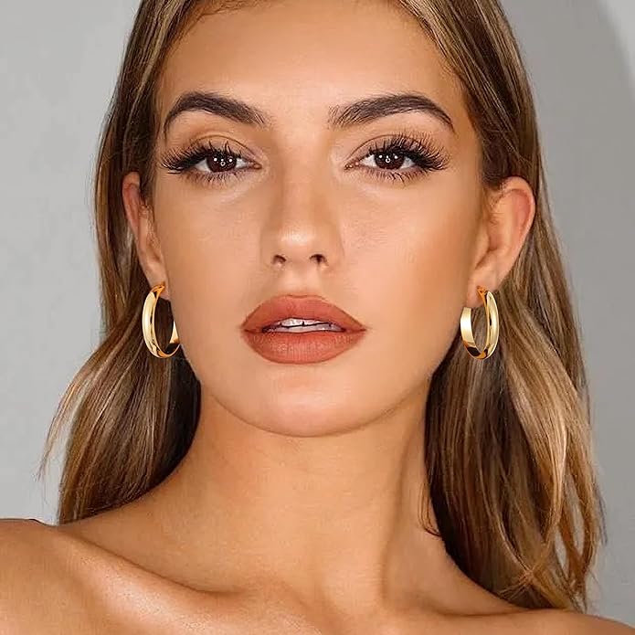 Gacimy 14K Gold Plated Hoop Earrings for Women, 14k Real Gold Plated with 925 Sterling Silver Post, Hypoallergenic Lightweight Thick Hoops Earrings for Women Trendy