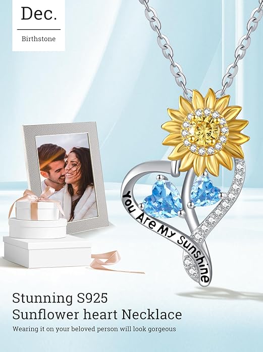 Zeuslia Double Birthstone Necklace Gifts for Wife - 925 Sterling Silver Sunflower/Rose/Crown Cross/Compass/Heart Pendant I Love You Necklace, Anniversary Birthday Gifts for Wife Girlfriend Mom Her