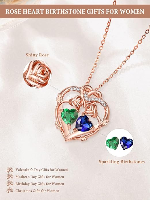 Rose Gold Necklaces for Women Double Birthstone Rose Flower Heart Pendant Necklace Jewelry Anniversary Christmas Valentine's Mother's Day Birthday Gift for Wife Mom Her Girlfriend Sister