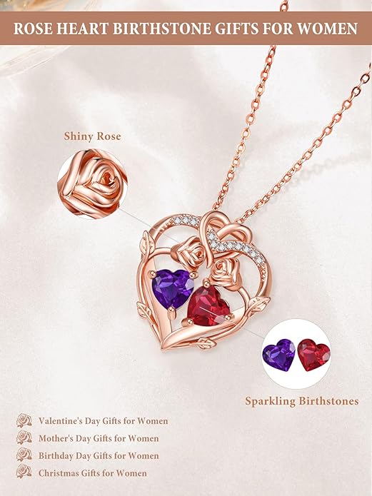Rose Gold Necklaces for Women Double Birthstone Rose Flower Heart Pendant Necklace Jewelry Anniversary Christmas Valentine's Mother's Day Birthday Gift for Wife Mom Her Girlfriend Sister