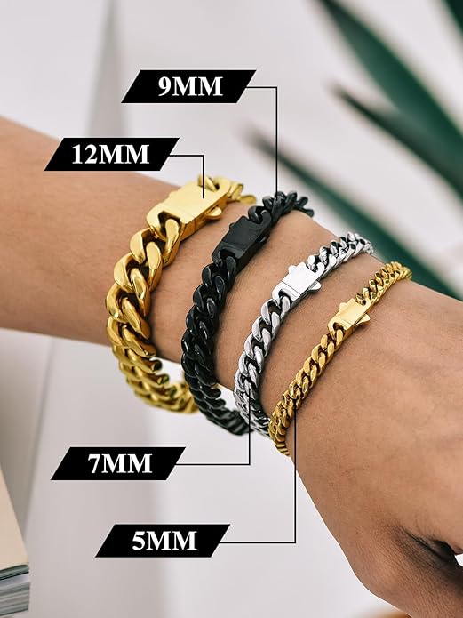 Richsteel 5/7/9/12mm Wide Miami Cuban Link Chain Bracelet for Men Women,Stainless Steel/Gold/Black Plated,7.4/8.2/9 Inch Length,Hip Hop Urban Street-wear Jewelry(Gift Wrapped)