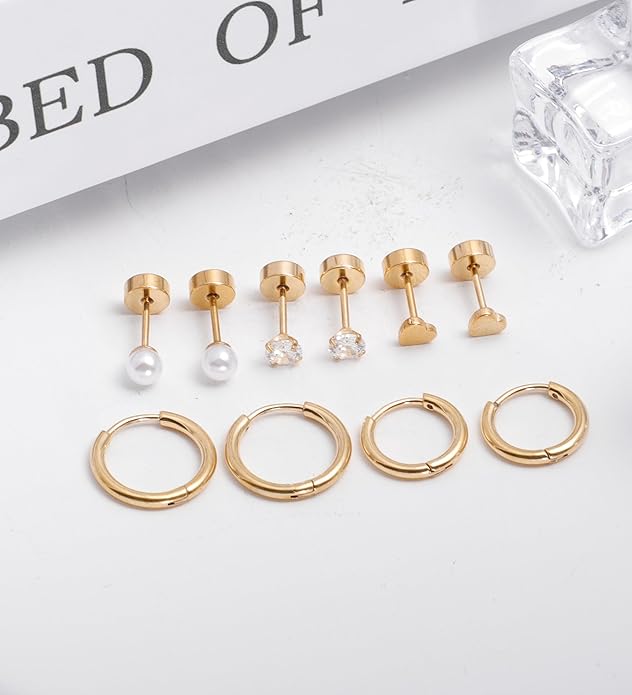 MJust Titanium Earrings for Sensitive Ears 20G Hypoallergenic Stud Hoop Earrings for Women Men Opal Ball CZ Heart Pearl Flat Back Earrings Cartilage Earrings Set