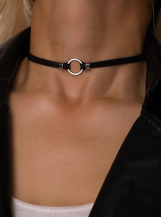 Sacina Goth Hippie O Ring Choker, Black Faux Leather Choker, Halloween Christmas New Year Jewelry Gift For Women