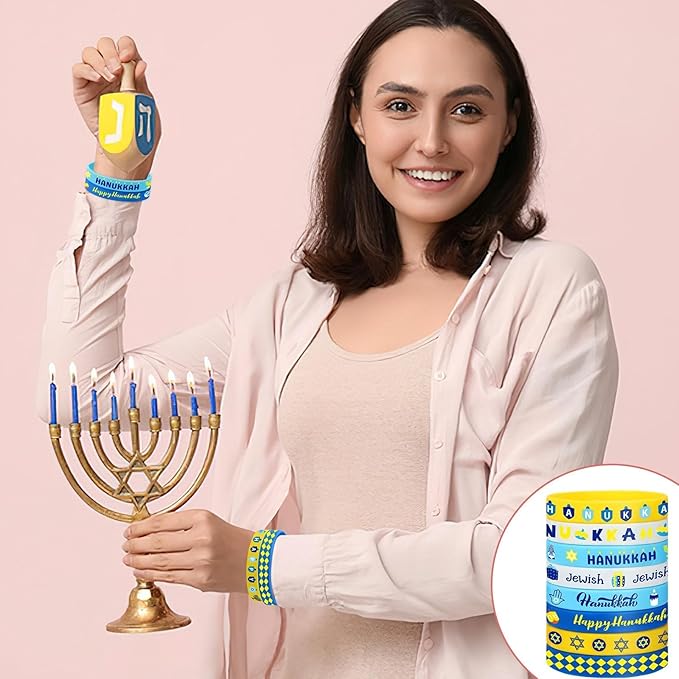 JUNEBRUSHS 64pcs Hanukkah Party Favors Silicone Bracelets Rubber Canukkah Rubber Wristbands for Hanukkah Party Gift Fillers Decorations Supplies(8 Designs)