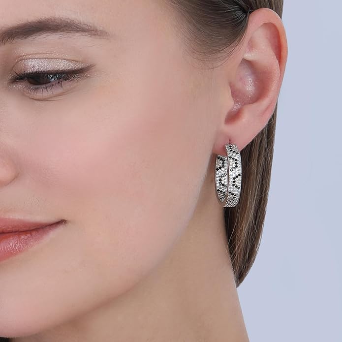 Rose Gold Hoop Earrings for Women, 925 Silver-Plated Thickened Hypoallergenic Earrings, CZ Black Gemstone-Inlaid Earrings - Women's Fashion Jewelry
