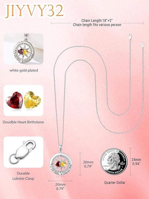 JIYVY32 Compass Birthstones Necklace for Women, Exquisite S925 Necklace Anniversary Birthday Gifts for Wife Her Double Birthstone Pendant jewelry ‘I'd be Lost Without You’