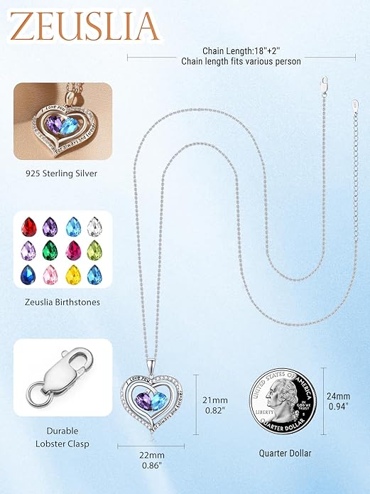 Zeuslia Double Birthstone Necklace Gifts for Wife - 925 Sterling Silver Sunflower/Rose/Crown Cross/Compass/Heart Pendant I Love You Necklace, Anniversary Birthday Gifts for Wife Girlfriend Mom Her