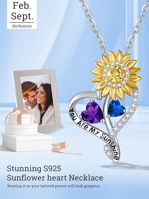 Zeuslia Double Birthstone Necklace Gifts for Wife - 925 Sterling Silver Sunflower/Rose/Crown Cross/Compass/Heart Pendant I Love You Necklace, Anniversary Birthday Gifts for Wife Girlfriend Mom Her