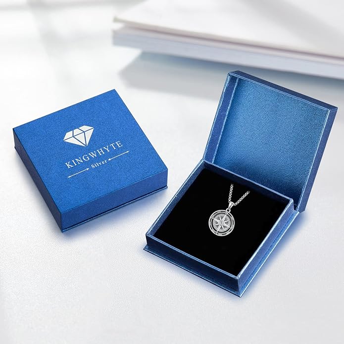 KINGWHYTE Compass Necklace for Men 925 Sterling Silver Birthday Gifts Graduation Travel Jewelry for Husband Brother with Stainless Steel Chain