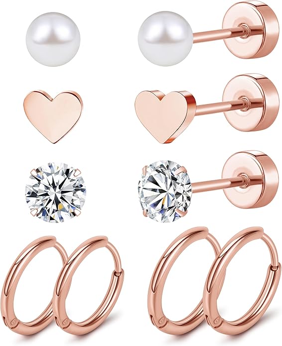 MJust Titanium Earrings for Sensitive Ears 20G Hypoallergenic Stud Hoop Earrings for Women Men Opal Ball CZ Heart Pearl Flat Back Earrings Cartilage Earrings Set