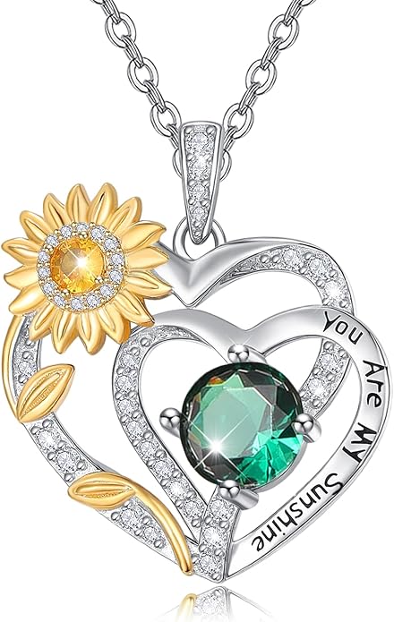 Zeuslia Double Birthstone Necklace Gifts for Wife - 925 Sterling Silver Sunflower/Rose/Crown Cross/Compass/Heart Pendant I Love You Necklace, Anniversary Birthday Gifts for Wife Girlfriend Mom Her