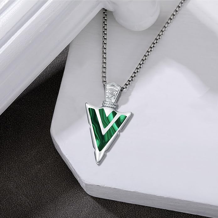Suiknsn Arrowhead Necklace for Men Women 925 Sterling Silver Turquoise Malachite Celtic/Eye of Horus/Viking Arrow Pendant Amulet Jewelry Gifts Native American Necklace