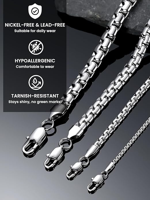 Bestyle 18K Gold Plated/Silver/Black Chain for Men, Hypoallergenic 2/4/6/8mm Stainless Steel Flat Link Chain Necklace for Men & Women Hip Hop Jewelry, 14-30"