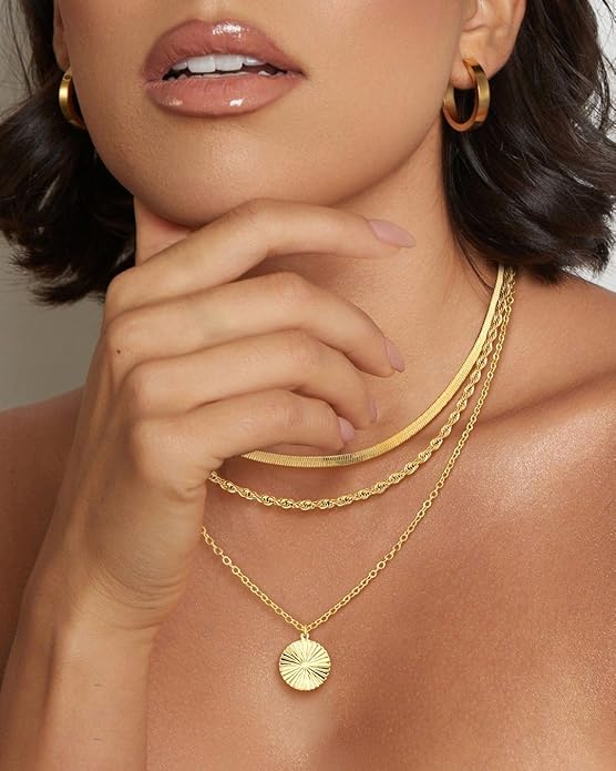 Gold/Silver Layered Necklaces for Women,Dainty 14k Gold Plated Stackable Choker Necklaces for Women,Trendy Layering Coin Chain Pendant Jewelry Set Gifts