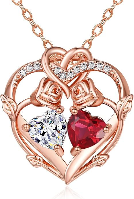 Rose Gold Necklaces for Women Double Birthstone Rose Flower Heart Pendant Necklace Jewelry Anniversary Christmas Valentine's Mother's Day Birthday Gift for Wife Mom Her Girlfriend Sister