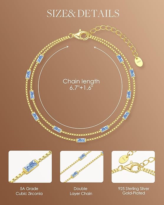 LOUISA SECRET Birthstone Bracelets for Women, 925 Sterling Silver Dainty Simple Women Charm Link Bracelet, Birthday Anniversary Jewelry Gifts for Women Wife Mom Her