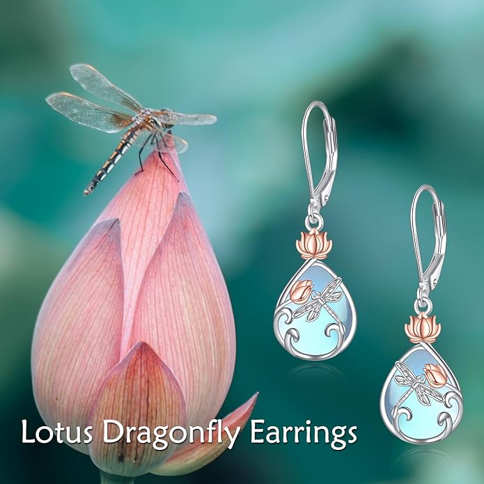 AOBOCO Butterfly/Dragonfly/Bee/Ladybug Leverback Earrings 925 Sterling Silver Rose Lotus Tulip Flower Filigree Dangle Earrings Teardrop Moonstone Larimar Turquoise Abalone Shell Jewelry Birthday Gifts for Women