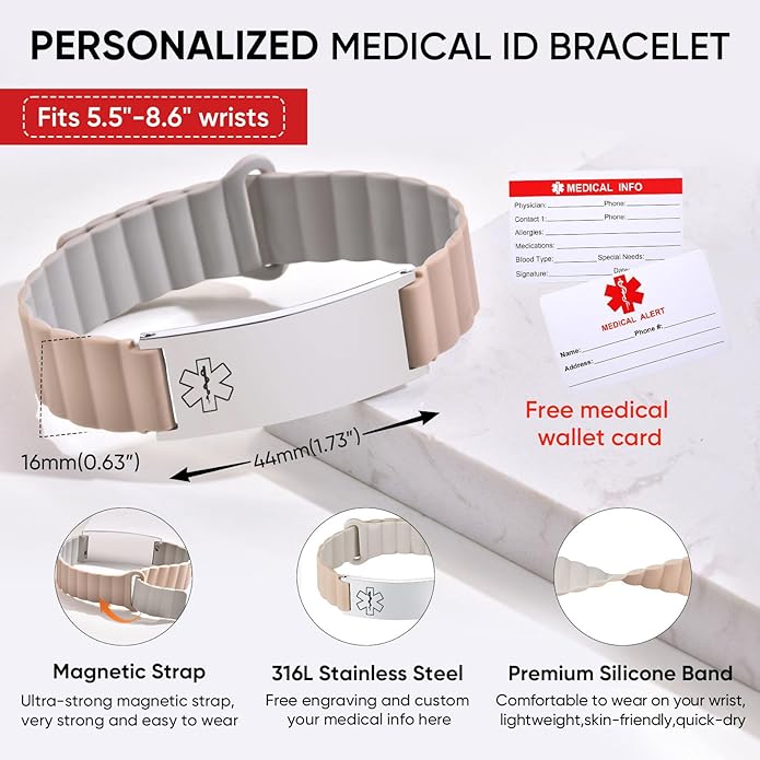 Comfortable Medical ID Bracelet for Men & Women - Custom Engraved Silicone Strap Comfort Fit Medical Alert Bracelets for Sports,Adjustable Waterproof Customizable Wristband for Diabetic