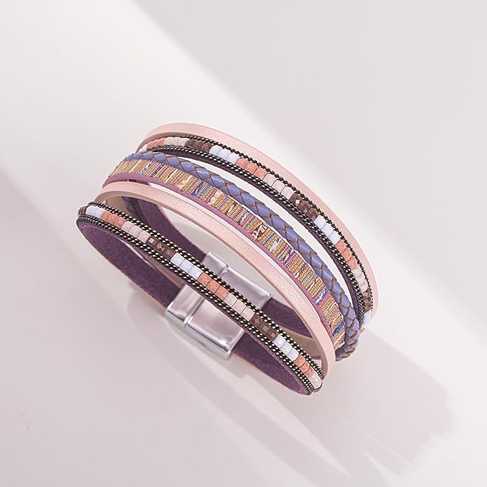 FANCY SHINY Boho Leather Wrap Bracelets Trendy Layered Bracelets with Magnetic Clasp Strackable Bohemian Jewelry Gifts for Women