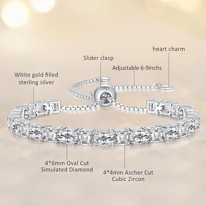 Sterling Silver Birthstone Bracelets for Women White Gold Tennis Bracelets Adjustable Chain 6-9 Inchs Jewelry Hypoallergenic Anniversary Birthday Gifts for Women Mom Wife Her