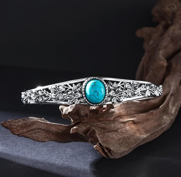 Christmas Jewelry Gift for Women-Genuine Turquoise Cuff Bracelet, Sterling Silver Western Vintage Floral Bangle Native American Jewelry, For 6.5-7.5 Inch Wrists
