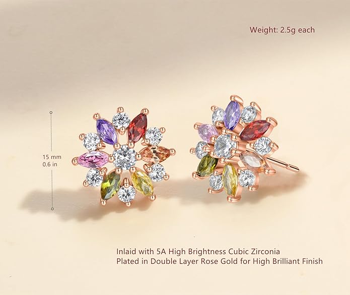 VONSSY Colorful Snowflake Pendant Necklace Earrings Rose Gold 5A Cubic Zirconia | Crystal Sweater Chain | Multi Gemstone Garnet Amethyst Morganite Peridot Prom Rhinestone Necklaces for Women Vintage Stylish Gift