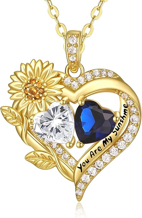 Sunflower Heart Necklace for Women 14K Gold Exquisite Anniversary Birthday Gifts for Wife Mother Her Double Birthstone Pendant jewelry‘You Are My Sunshine’