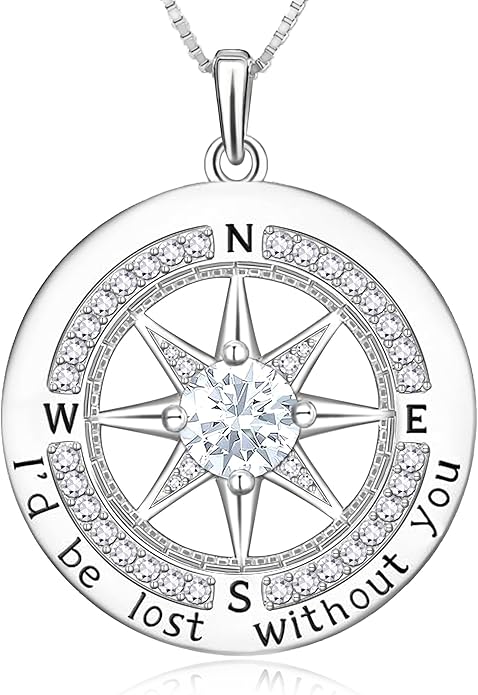 Kuschelkatze 1 Carat Moissanite Compass Pendant Necklace in Sterling Silver – Engraved 'I'd Lost Without You' – Symbol of Love, Direction & Unwavering Bond