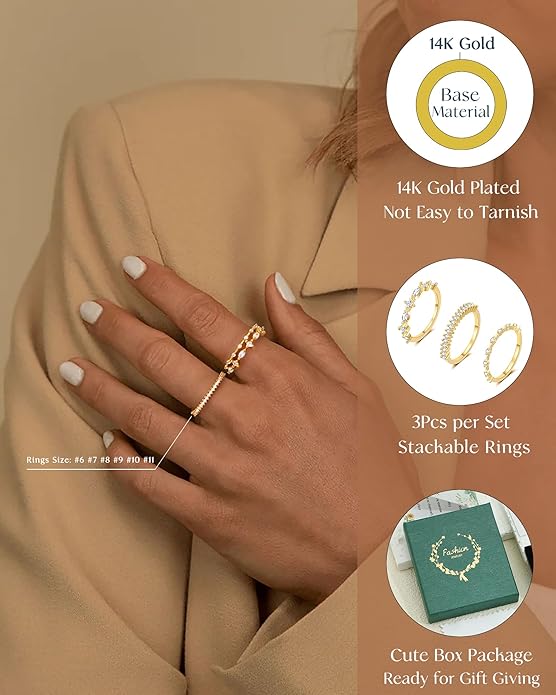 FUNEIA Stackable Silver Gold Rings for Women Non Tarnish 14K Gold Plated Thumb Cubic Zirconia Rings for Women Dainty Pinky Promise Wedding Ring Set Women's Engagement Eternity Band Rings Gold Jewelry