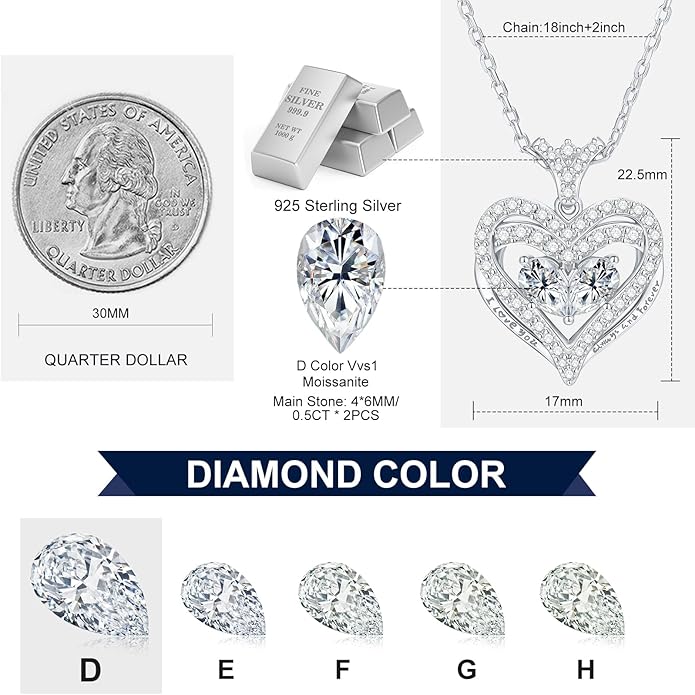 Moissanite Heart Necklace for Women, 18K White/Yellow Gold-Plated 925 Sterling Silver Pear Cut Moissanite Imitation Diamond Pendant Eternity Love Gifts for Her, Anniversary, Birthday, Wedding - to My Wife, Mom