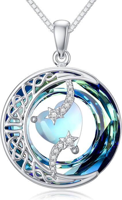 TOUPOP Christmas Gifts Birthstone Necklace 925 Sterling Silver Moon and Star Pendant with Blue Crystal Celtic Moon Jewelry Birthday Gifts for Women Mom Wife Her Daughter