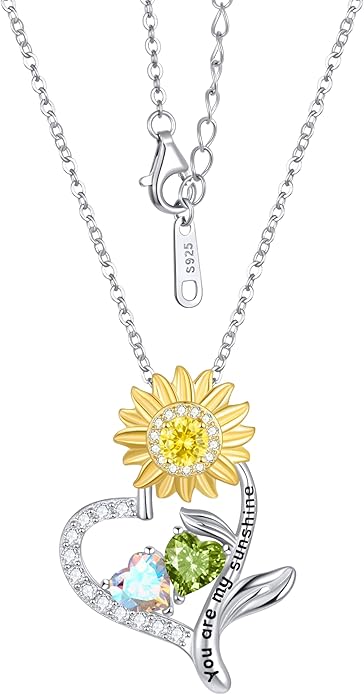 PERJI Valentine's Day Gifts for Women - 925 Sterling Silver Double Birthstone Sunflower Necklace, Anniversary Birthday Jewelry You are My Sunshine Gifts for Wife Couple Girlfriend 18"+2" Non Tarnish