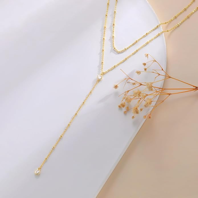 Lariat Long Necklace for Women Trendy Layered Y Necklace Dainty Pendant Drop Dangle Necklace Y-Shaped Necklace Simple CZ Necklace for Women Jewelry