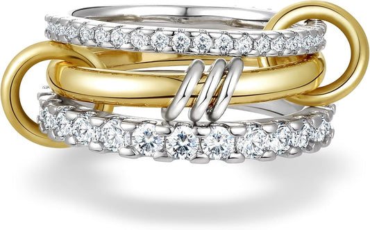 Gold Stackable Rings for Women, Non Tarnish 14K Gold Plated Cubic Zirconia Mixed Metals Stacking Connected Rings Set Jewelry Gifts