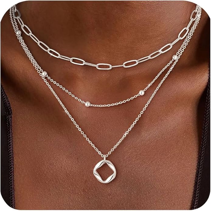Layered Gold Silver Necklace for Women Non Tarnish,Dainty Choker Statement Chunky Necklace Stack Charm Pendant Chain Necklace Set 14K Gold Plated Long Stacked Womens Necklaces Trendy Jewelry Gift