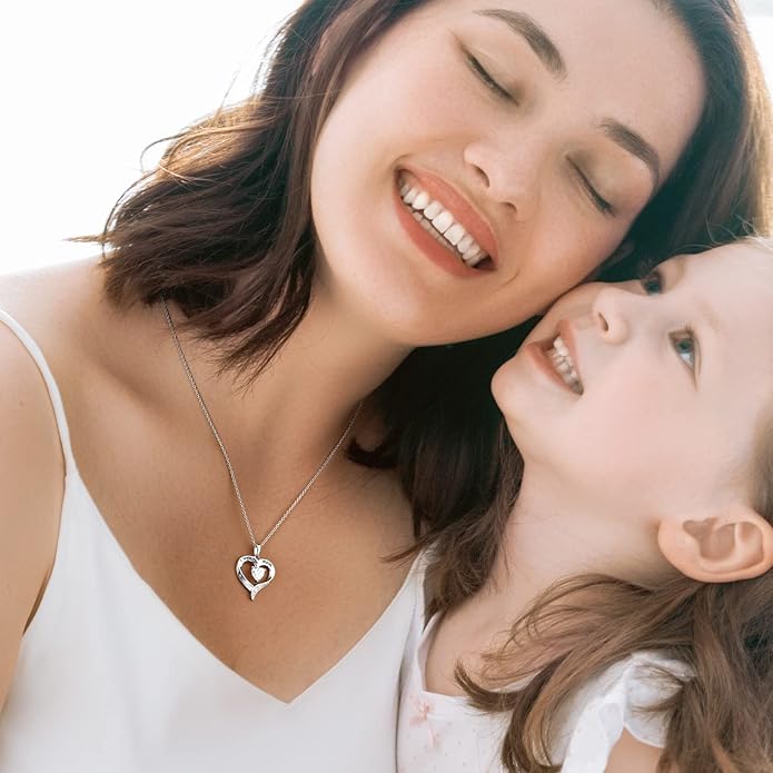 NINAMAID Mom Necklace 925 Sterling Silver Heart Necklaces for Women Engraved I Love You You Mom Gifts for Mom from Daughter